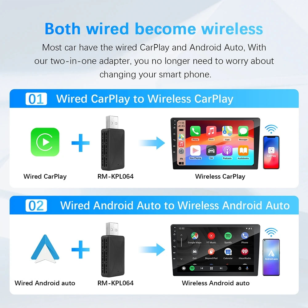 Mini CarPlay Android Auto Wireless Adapter 2IN1 Smart Box Dongle Bluetooth WiFi Fast Connect Plug & Play For OEM Wired Carplay