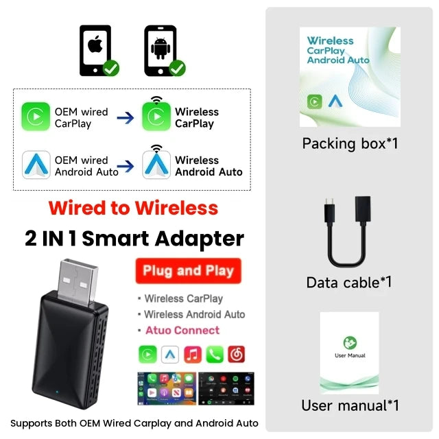 Mini CarPlay Android Auto Wireless Adapter 2IN1 Smart Box Dongle Bluetooth WiFi Fast Connect Plug & Play For OEM Wired Carplay