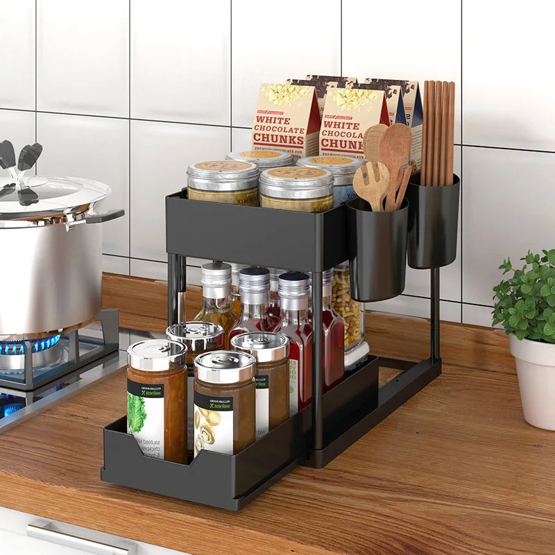 Under Sink Pull-Out Organizer, Adjustable Sliding Shelf for Kitchen Cabinet, Waterproof Metal Storage Rack