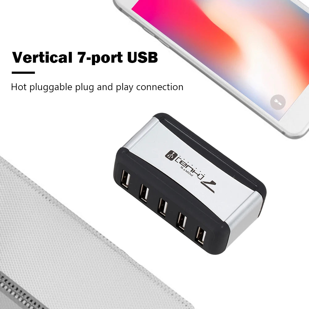 Vertical 7 Port USB Hub USB 2.0 Splitter with Power Adapter for PC Accessories