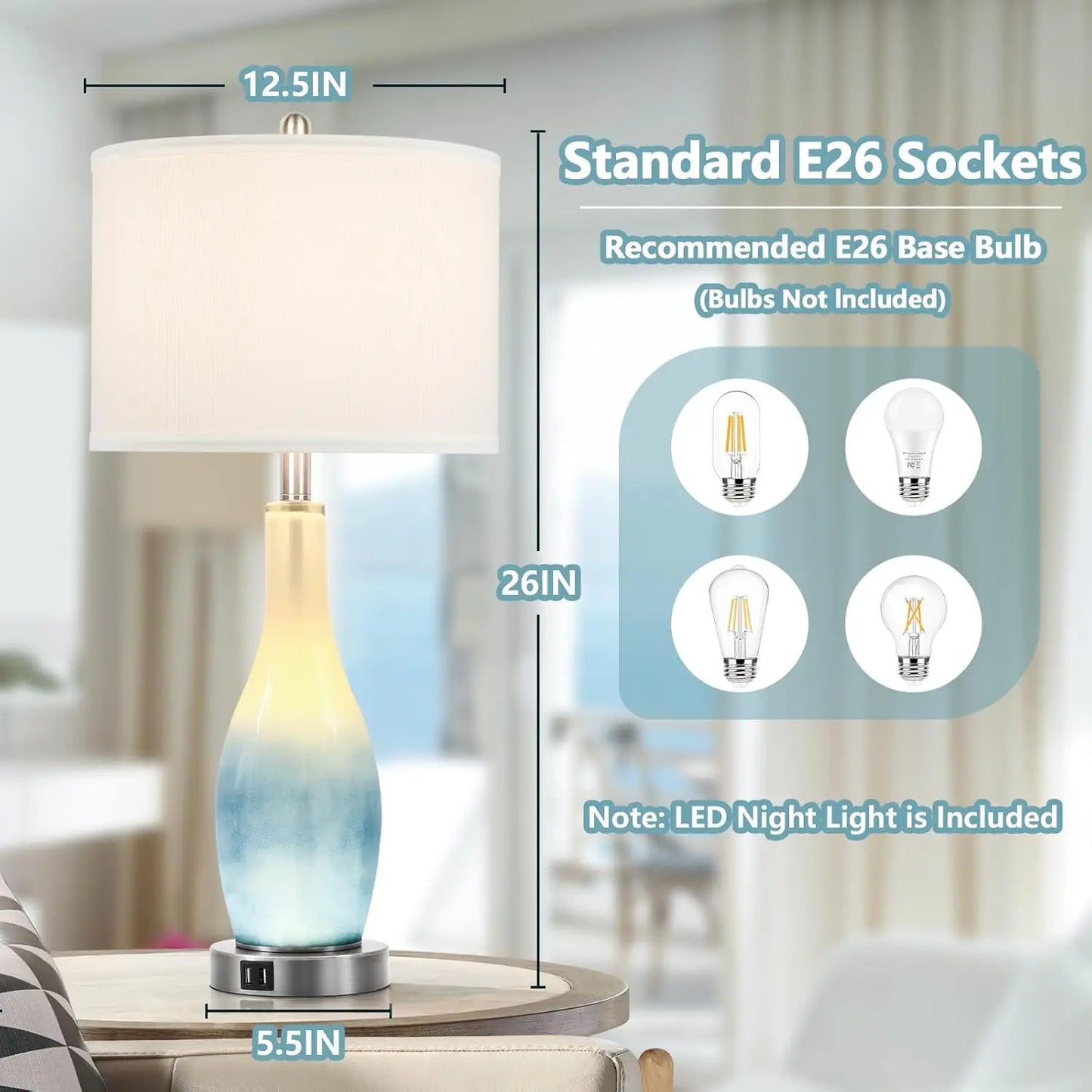Set of 2 Blue Coastal Glass Table Lamps with USB Charging Ports and LED Nightlight, Modern for Living Room or Bedroom