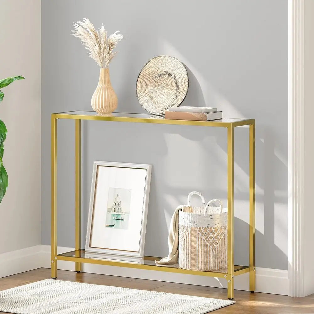 Gold Metal Frame Entryway Table with Tempered Glass, Slim Sofa Table for Living Room and Hallway, GD04XG01