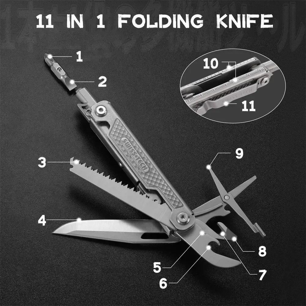 SWISS TECH 11 in 1 Mini Multitool Knife with Clip Folding EDC Outdoor Camping Survival Tools Scissors Screwdriver 2025 New