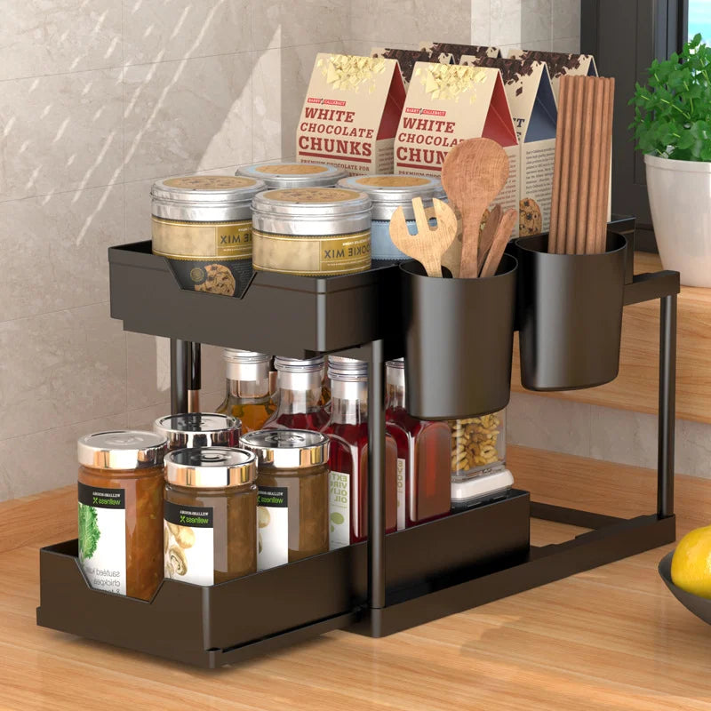 Under Sink Pull-Out Organizer, Adjustable Sliding Shelf for Kitchen Cabinet, Waterproof Metal Storage Rack