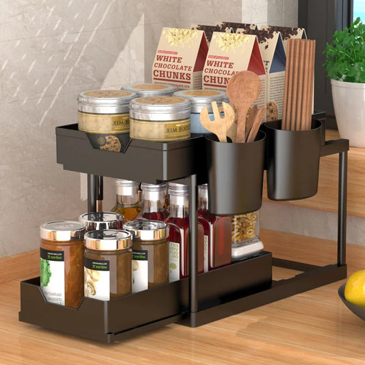 Under Sink Pull-Out Organizer, Adjustable Sliding Shelf for Kitchen Cabinet, Waterproof Metal Storage Rack