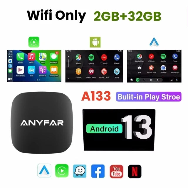 2025 ANYFAR Android 13 3in1 CarPlay Ai Box Wireless Android Auto USB Adapter 2G 32G For Youtube Netflix Automatic Connection