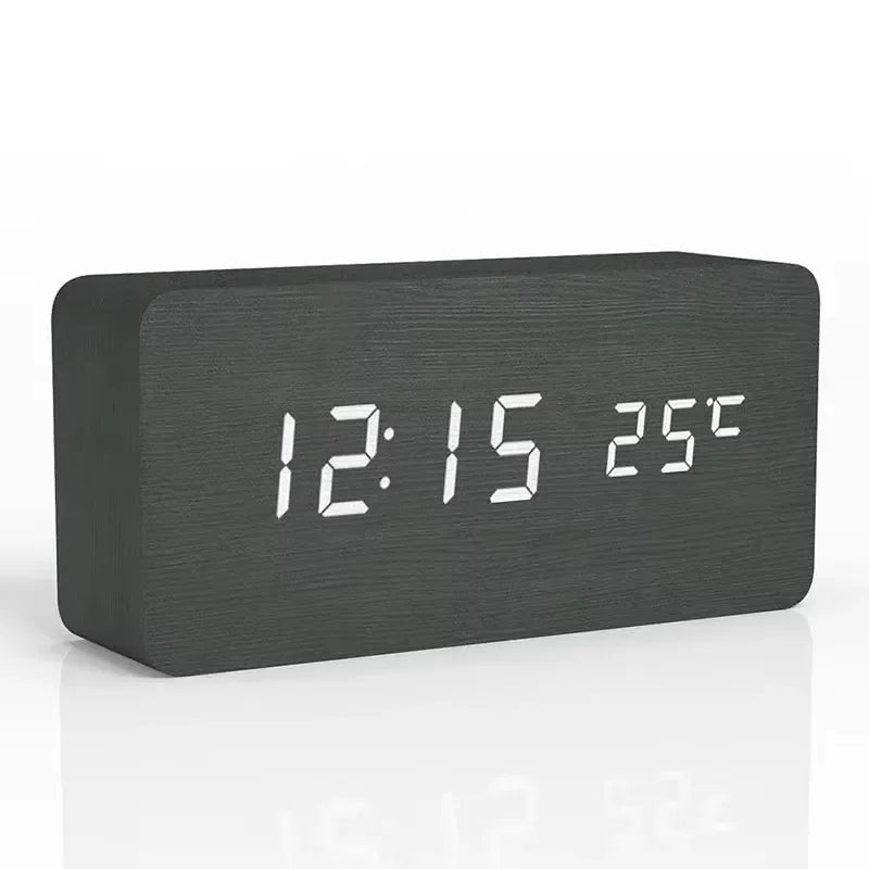 Luminous Wooden Clock Digital Alarm LED Display Electronic Rectangle Desk Table Clocks Temperature Timer Multi Function Eco