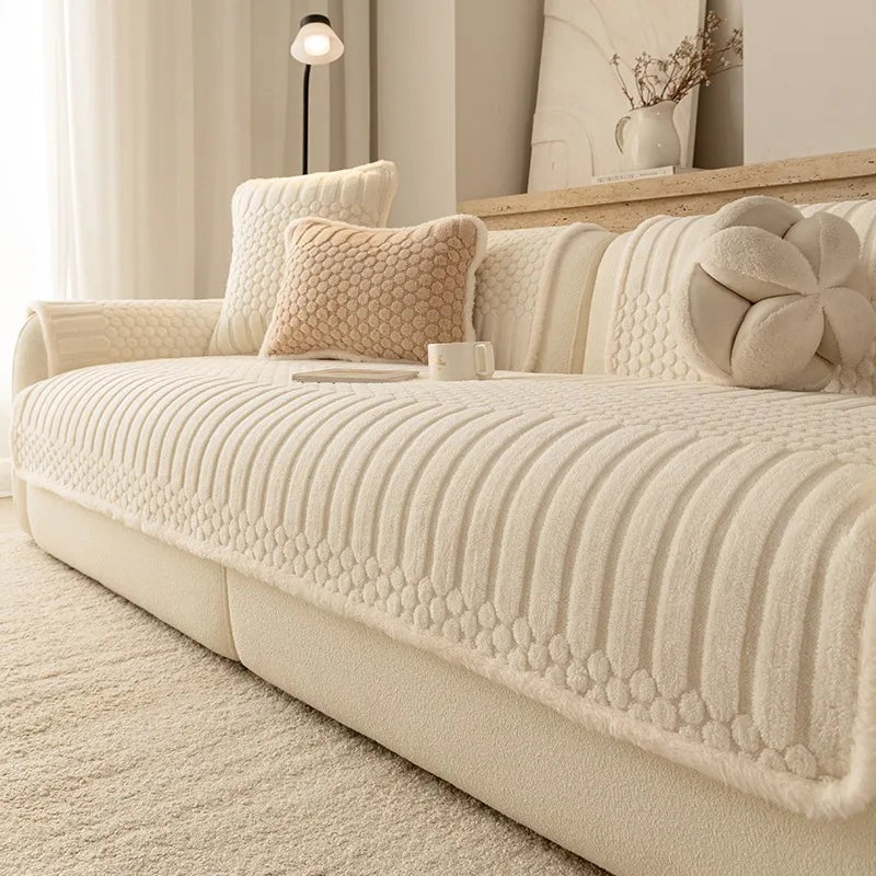 Creamy Fluffy Binding Tuffed Fleece Thickened Warm Non-Slip Sofa Cover, Cozy Sofa SlipCover Towel for Living Room Couches