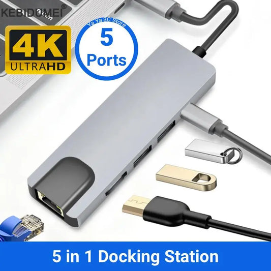 5 Ports USB C Hub to 4K HDMI-Compatible USB 3.0 2.0 HUB Type C Charging PD 100W RJ45 100M Docking for Macbook Notebook Computer