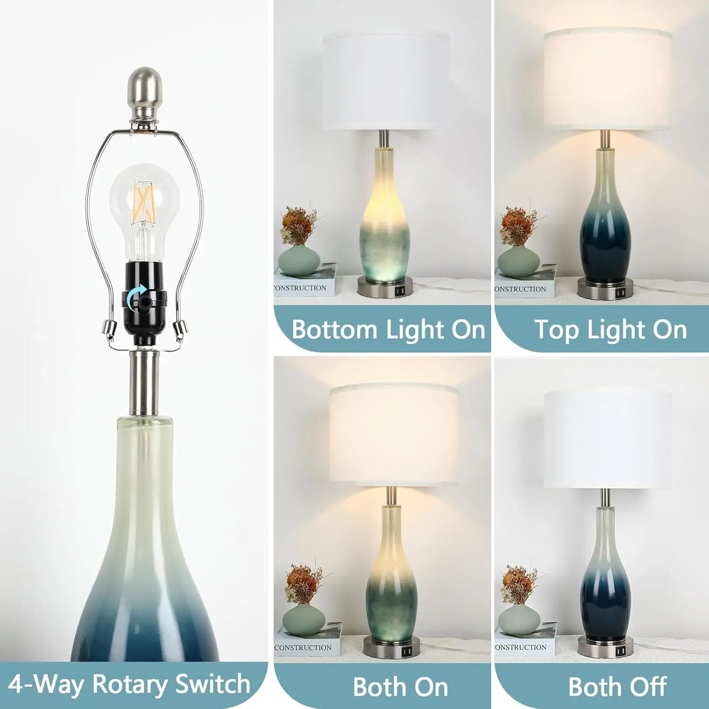 Set of 2 Blue Coastal Glass Table Lamps with USB Charging Ports and LED Nightlight, Modern for Living Room or Bedroom