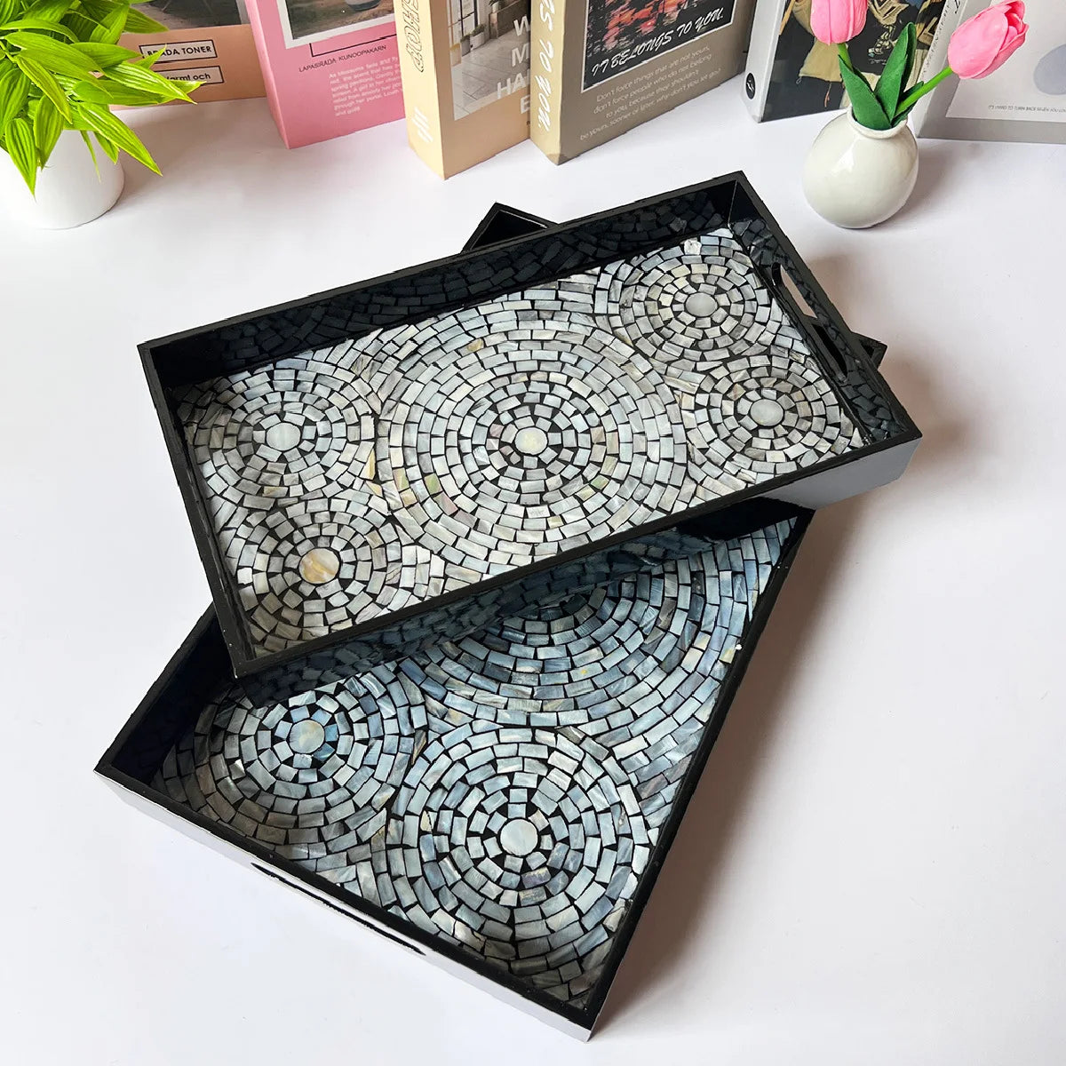 Light Luxury Natural Shells Household Storage Tray Rectangle Living Room Coffee Table Dim Sum Snack Storage for Household
