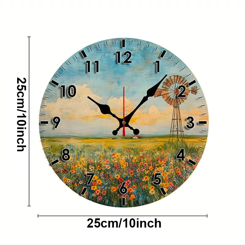 Windmill Field Wooden Round Silent Hanging Wall Clock, Suitable For Living Room, Office, Study Room, Bedroom, Home Decoration