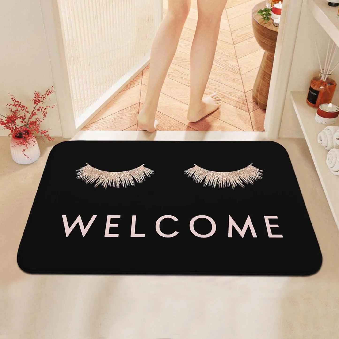 1 Pc Fashionable Rose Gold Eyelashes Welcome Mat Bedroom Hallway Entrance Floor Mat Living Room Carpet Soft Anti Slip Area Carp