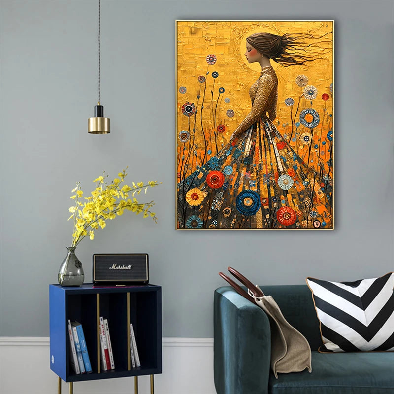Gustav Klimt Style The Girl in the Golden Dress Canvas Painting Wall Art Home Decor For Living Room Bedroom Holiday Gift