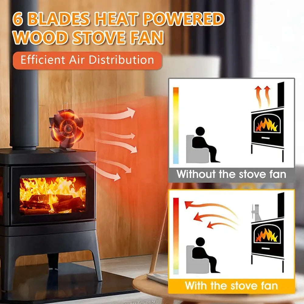Heat Powered Stove Fan Eco Quiet Black 6 Blades Log Wood Burner Fireplace Fan Efficient Heat Distribution Winter Warmer Home