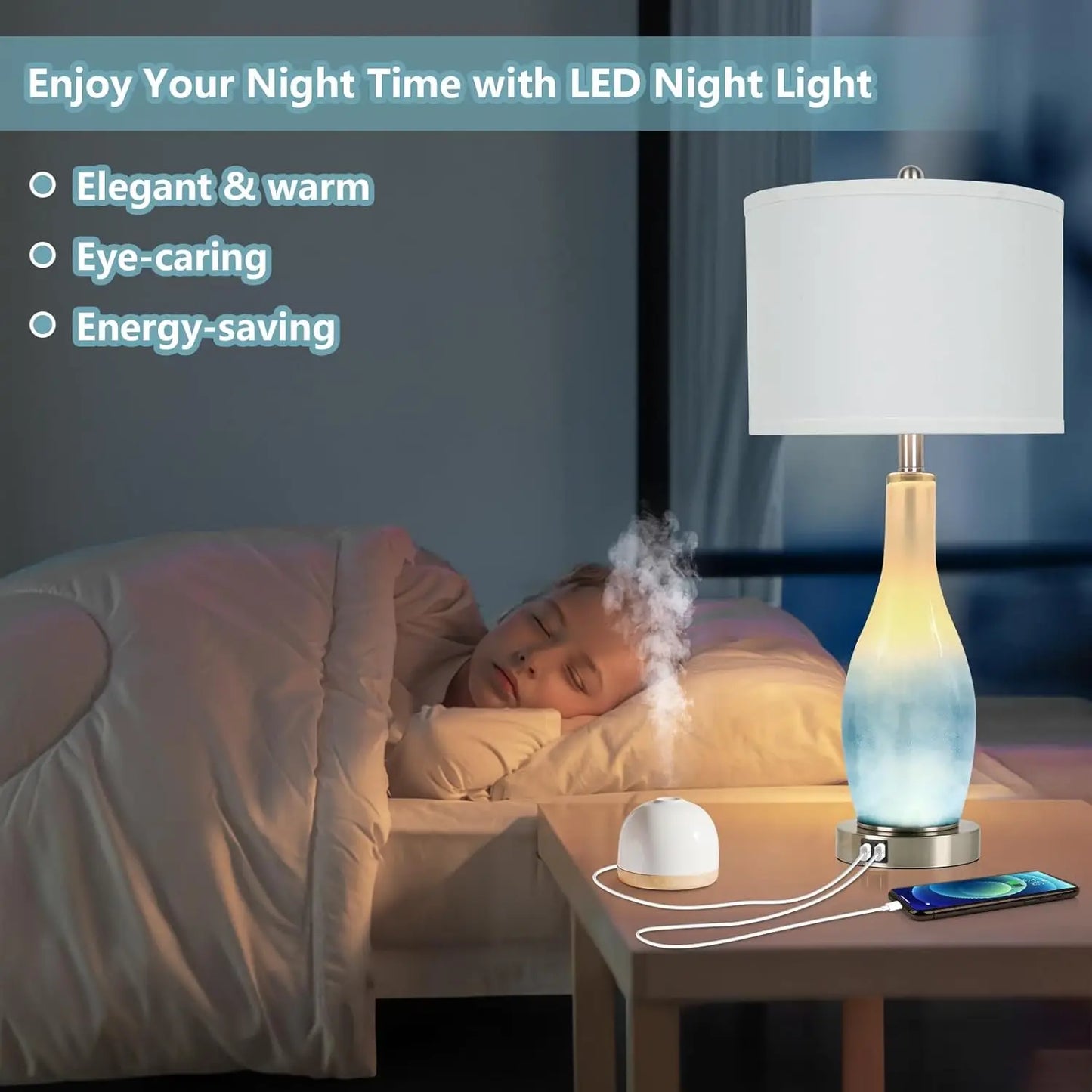Set of 2 Blue Coastal Glass Table Lamps with USB Charging Ports and LED Nightlight, Modern for Living Room or Bedroom