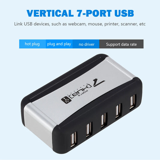 Vertical 7 Port USB Hub USB 2.0 Splitter with Power Adapter for PC Accessories