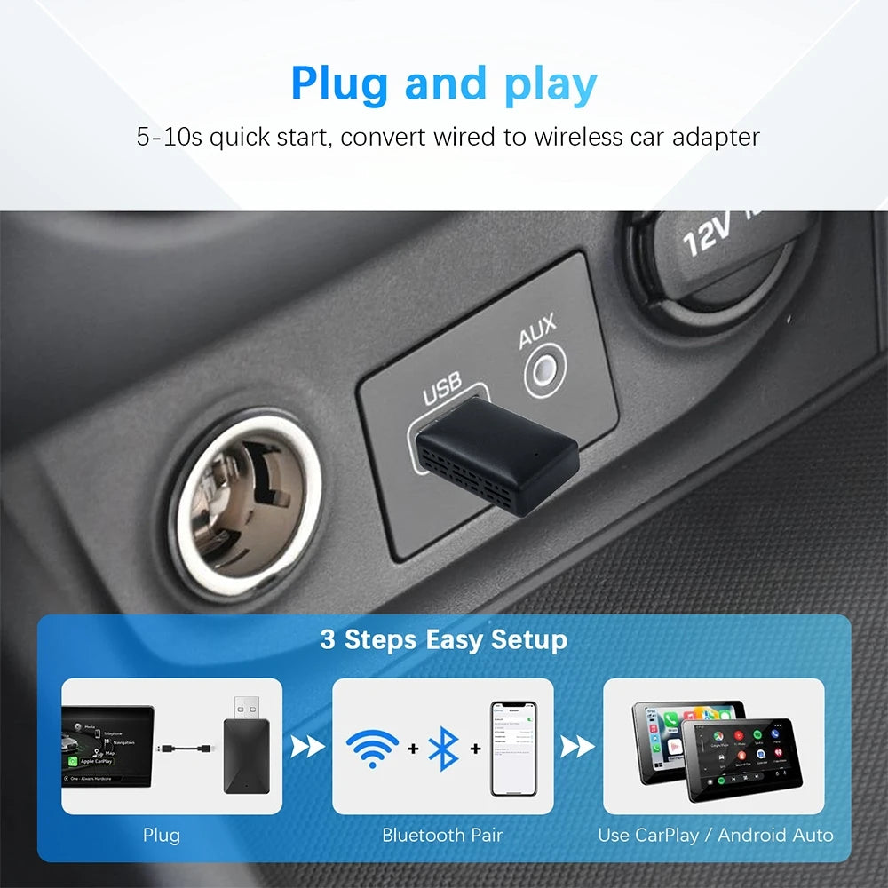 Mini CarPlay Android Auto Wireless Adapter 2IN1 Smart Box Dongle Bluetooth WiFi Fast Connect Plug & Play For OEM Wired Carplay