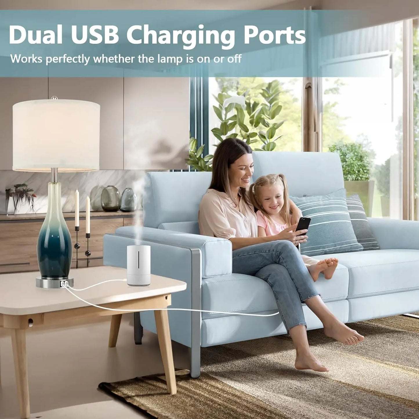 Set of 2 Blue Coastal Glass Table Lamps with USB Charging Ports and LED Nightlight, Modern for Living Room or Bedroom