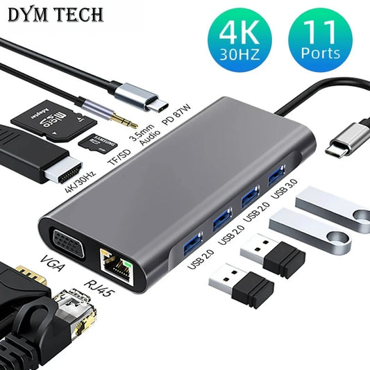 11 Ports USB C HUB Docking Station RJ45 Adapter to HDMI-Compatible 4K VGA SD/TF Card 3.5MM AUX 11-in-1 for PC Laptop Splitter