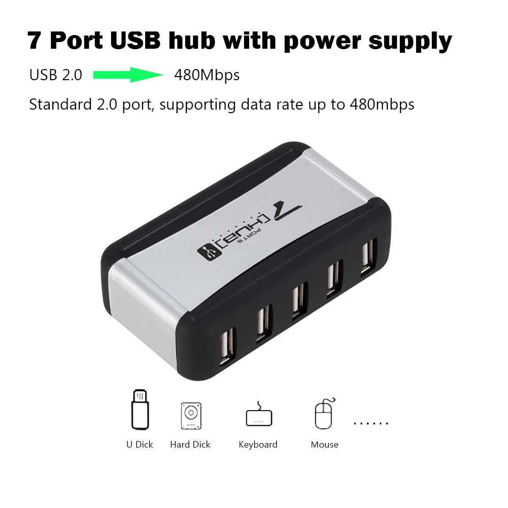 Vertical 7 Port USB Hub USB 2.0 Splitter with Power Adapter for PC Accessories