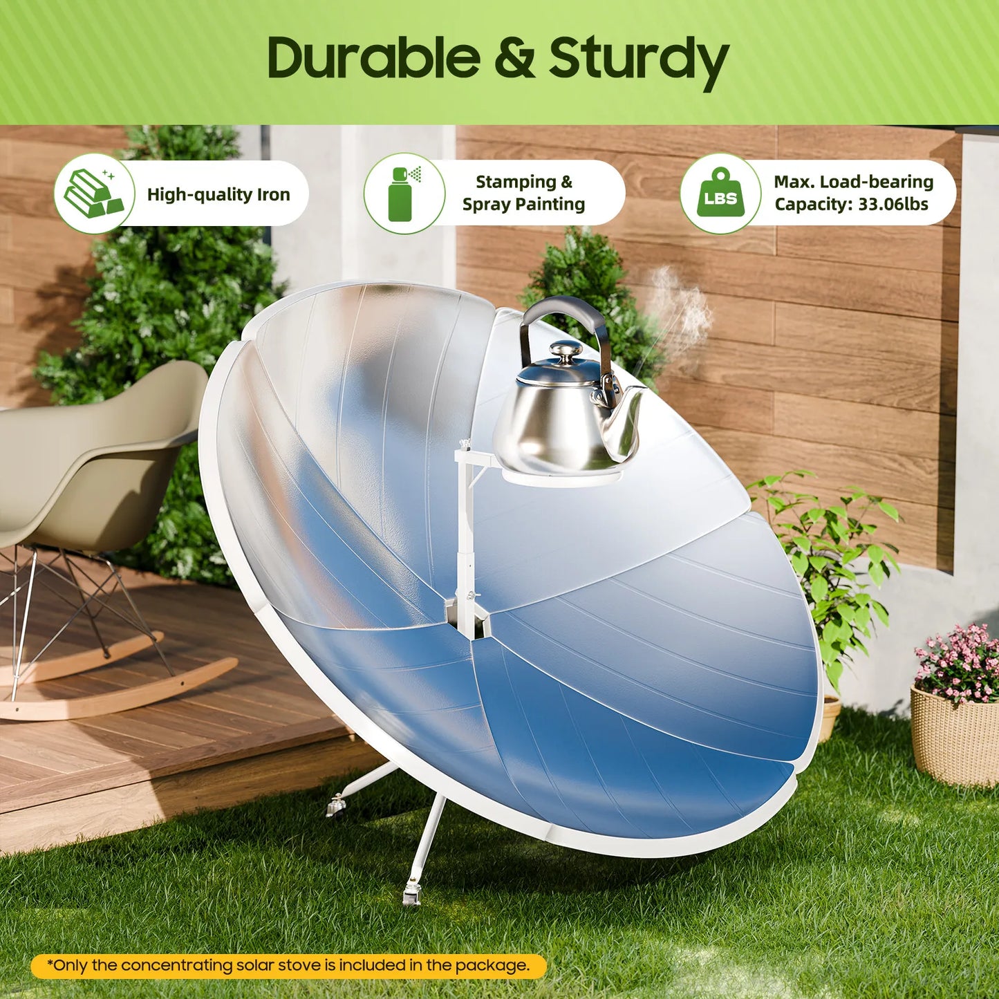 Portable Parabolic Solar Cooker 1500W Thermal Power for Eco-Friendly Camping, Hiking, Off-Grid Living and Emergency Preparedness