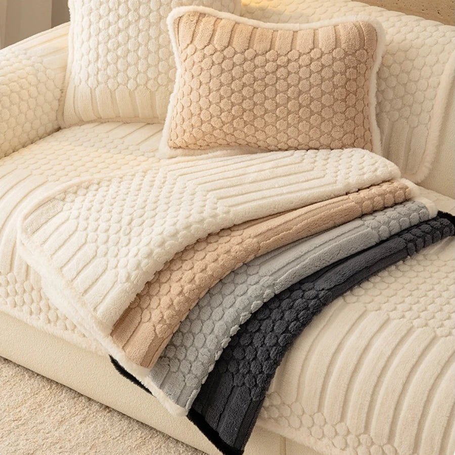 Creamy Fluffy Binding Tuffed Fleece Thickened Warm Non-Slip Sofa Cover, Cozy Sofa SlipCover Towel for Living Room Couches