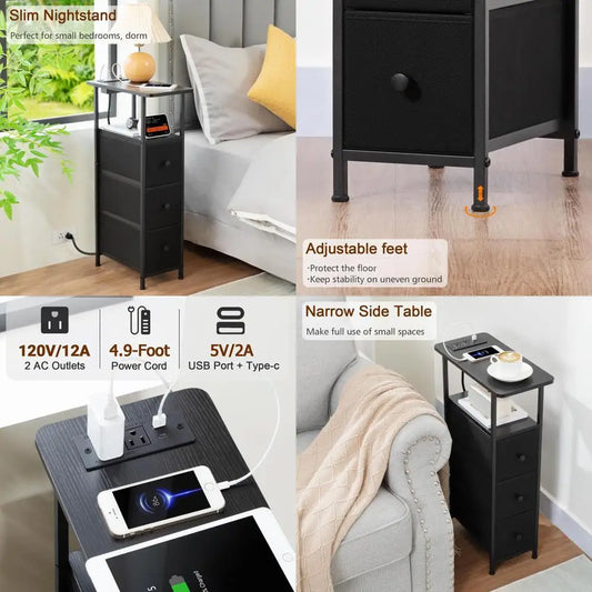Charging Station End Tables Set of 2 for Living Room, Fabric Drawer Skinny Side Table, Slim Nightstand for Small Spaces, Black H