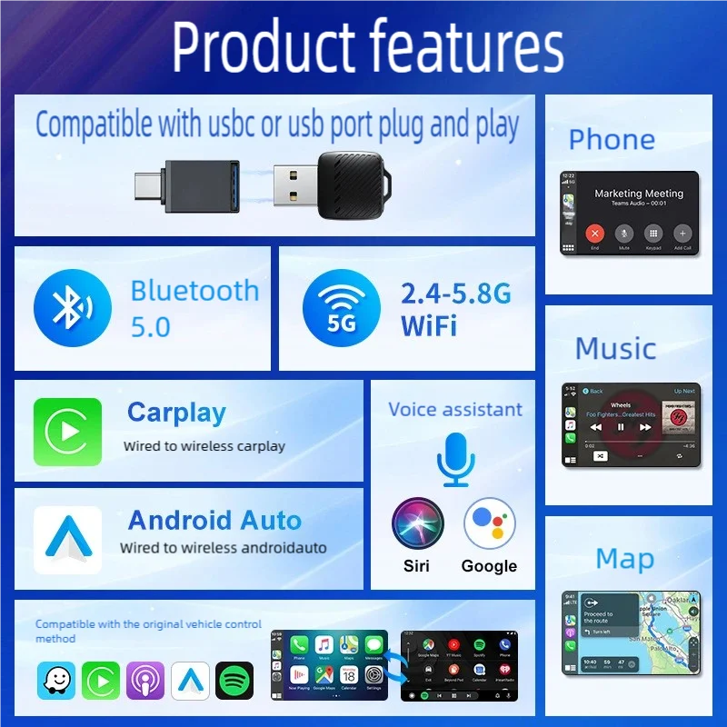 CarlinKit Mini Wireless CarPlay Adapter 2025 New Android Auto Wireless Dongle Wifi 5.8G Auto Connect Box Support Spotify Music