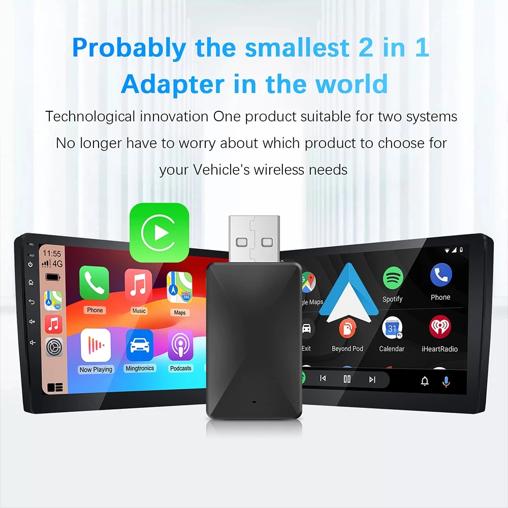 Mini CarPlay Android Auto Wireless Adapter 2IN1 Smart Box Dongle Bluetooth WiFi Fast Connect Plug & Play For OEM Wired Carplay
