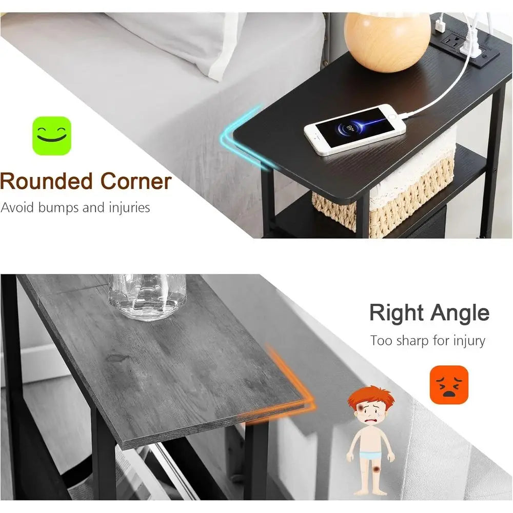 Charging Station End Tables Set of 2 for Living Room, Fabric Drawer Skinny Side Table, Slim Nightstand for Small Spaces, Black H