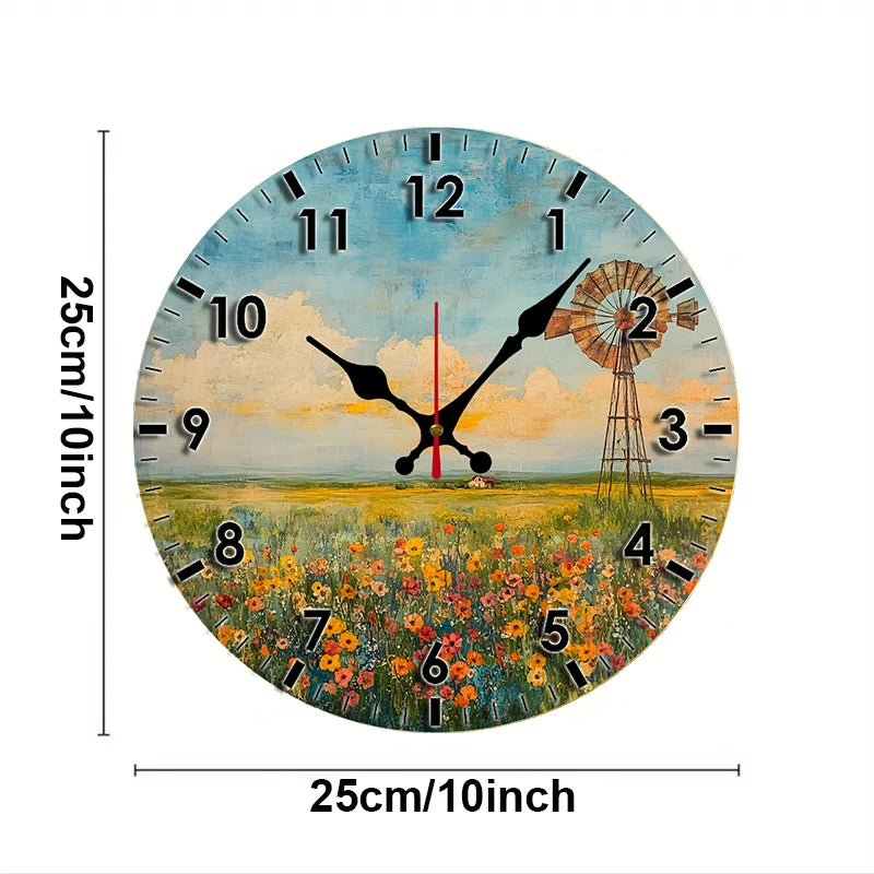 Windmill Field Wooden Round Silent Hanging Wall Clock, Suitable For Living Room, Office, Study Room, Bedroom, Home Decoration