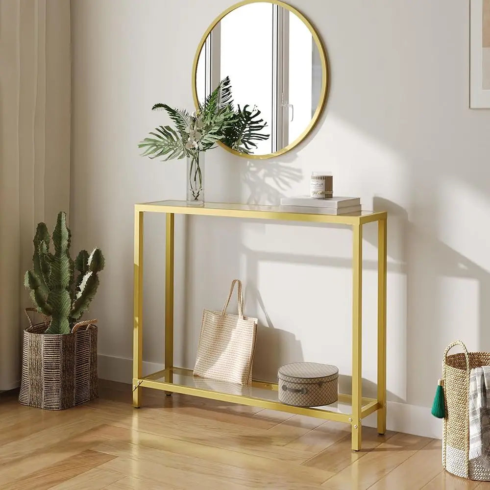 Gold Metal Frame Entryway Table with Tempered Glass, Slim Sofa Table for Living Room and Hallway, GD04XG01