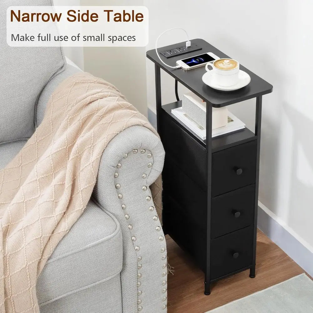 Charging Station End Tables Set of 2 for Living Room, Fabric Drawer Skinny Side Table, Slim Nightstand for Small Spaces, Black H