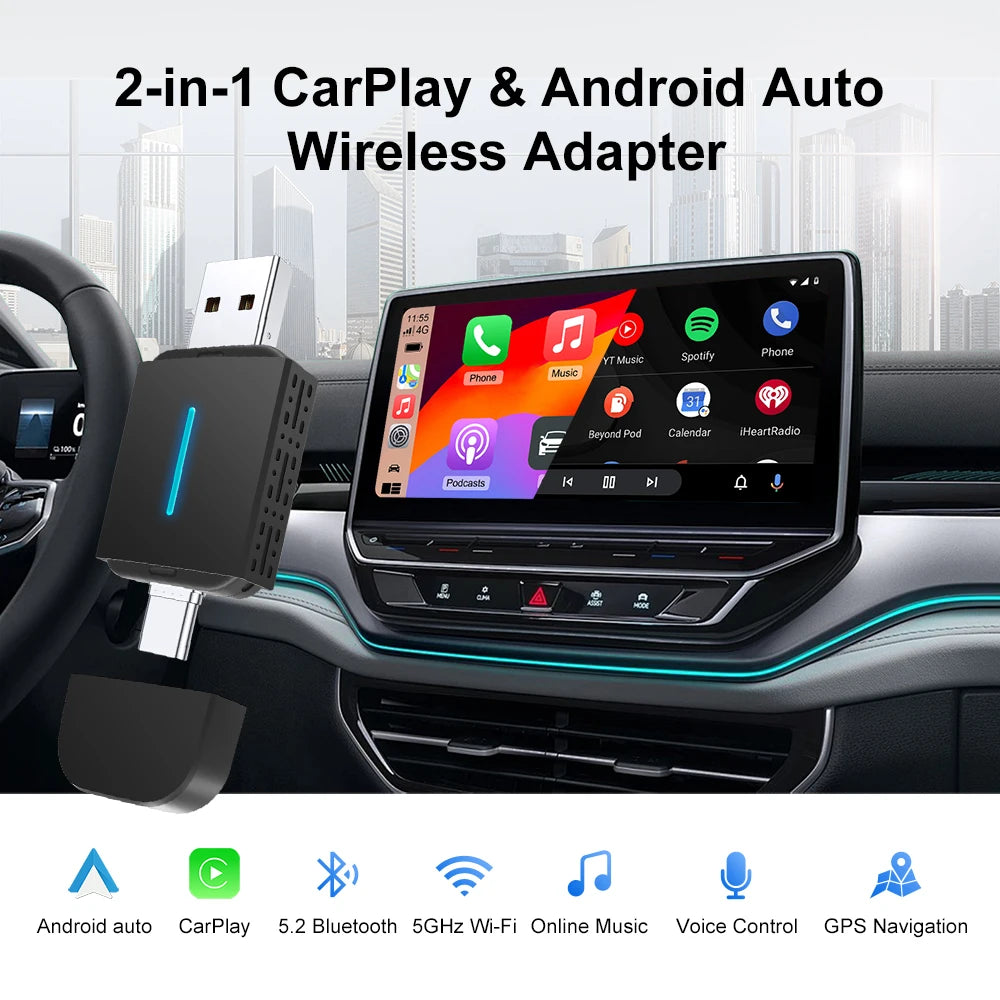 LEXXSON Dual Interface Wireless CarPlay Android Auto Wireless USB TYPE-C Adapter Smart Mini Box Plug Fast Connect Universal