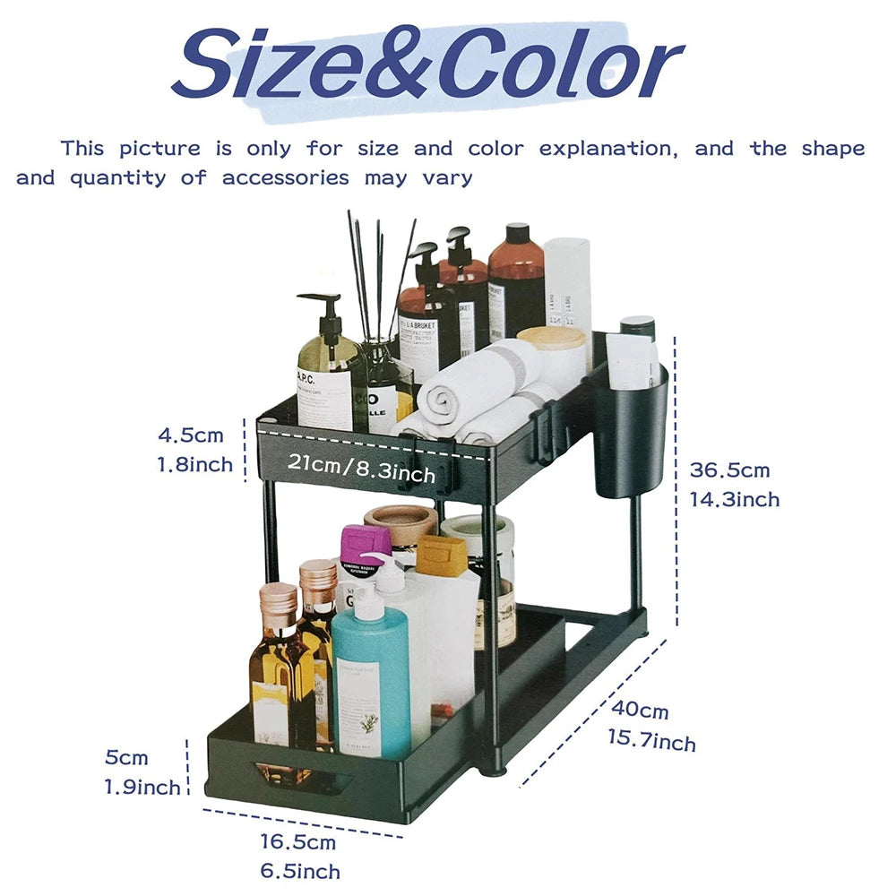 Under Sink Pull-Out Organizer, Adjustable Sliding Shelf for Kitchen Cabinet, Waterproof Metal Storage Rack