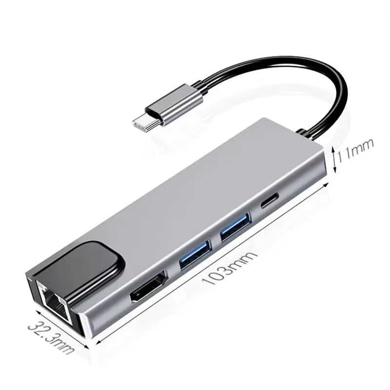 5 Ports USB C Hub to 4K HDMI-Compatible USB 3.0 2.0 HUB Type C Charging PD 100W RJ45 100M Docking for Macbook Notebook Computer