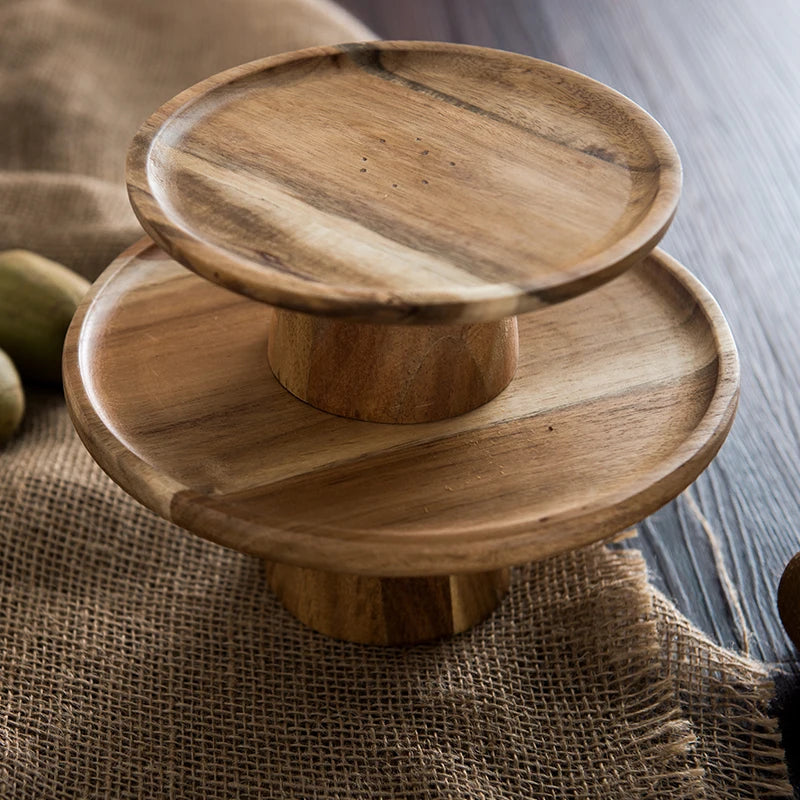 KEMORELA High Stand Wooden Cake Plate Creative Food Serving Trays Eco Natural Wood Dessert Fruit Snack Tray Home Decor