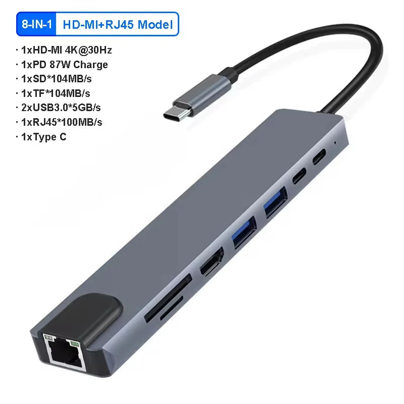 11 Ports USB C HUB Docking Station RJ45 Adapter to HDMI-Compatible 4K VGA SD/TF Card 3.5MM AUX 11-in-1 for PC Laptop Splitter