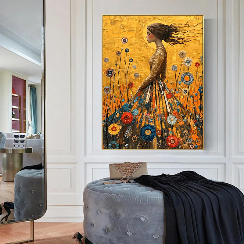 Gustav Klimt Style The Girl in the Golden Dress Canvas Painting Wall Art Home Decor For Living Room Bedroom Holiday Gift