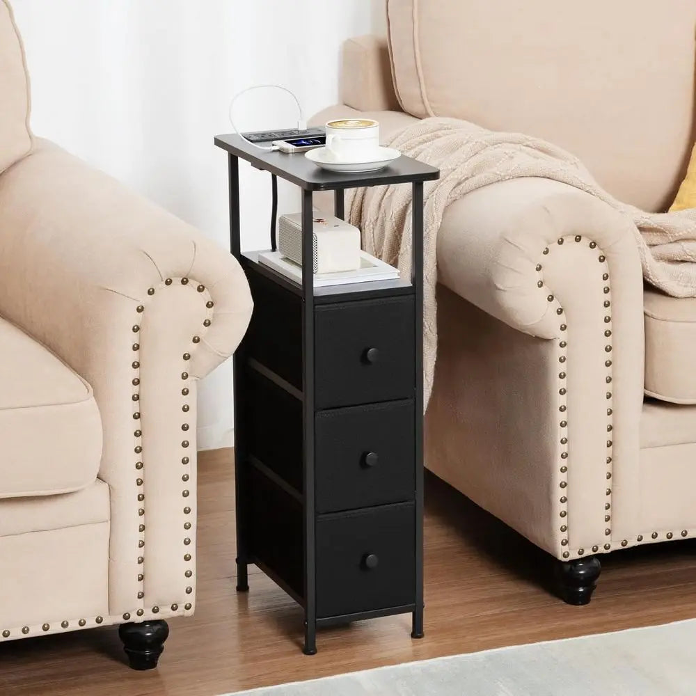 Charging Station End Tables Set of 2 for Living Room, Fabric Drawer Skinny Side Table, Slim Nightstand for Small Spaces, Black H