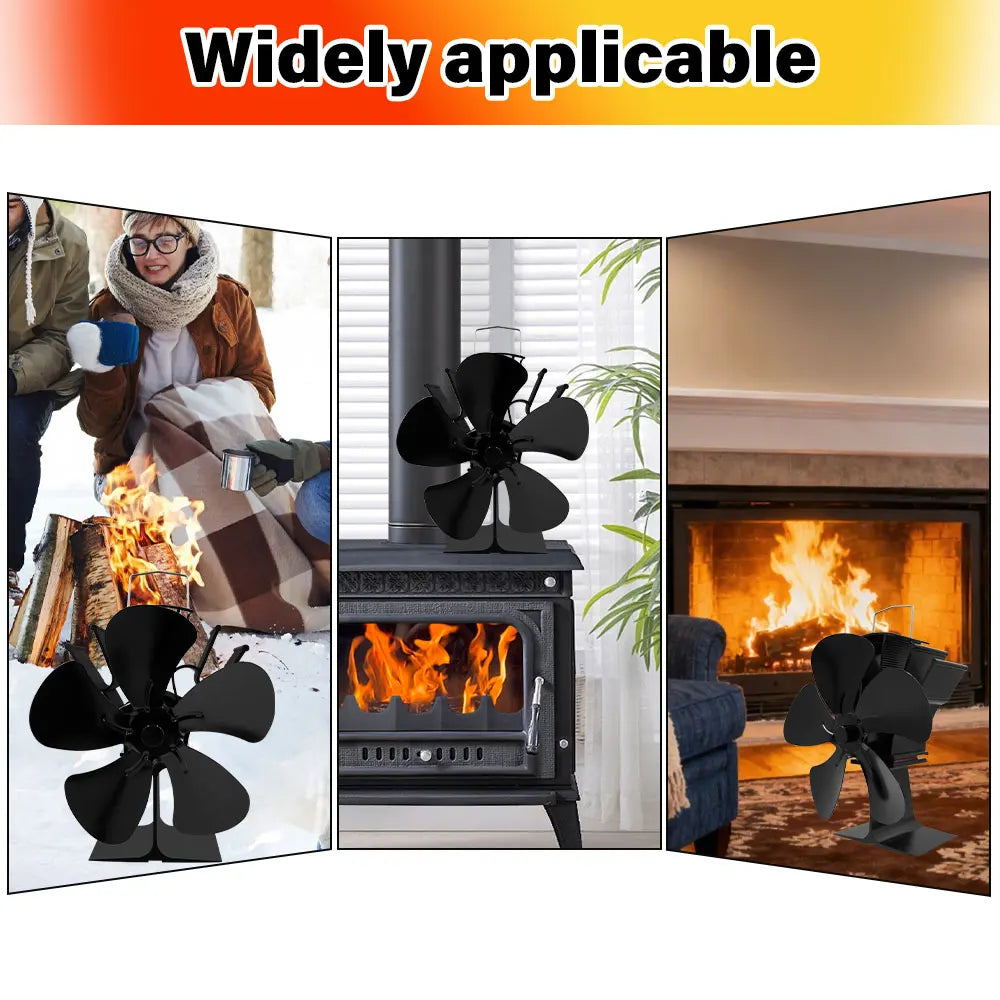 Heat Powered Stove Fan Eco Quiet Black 5 Blades Log Wood Burner Fireplace Fan Efficient Heat Distribution Winter Warmer Home