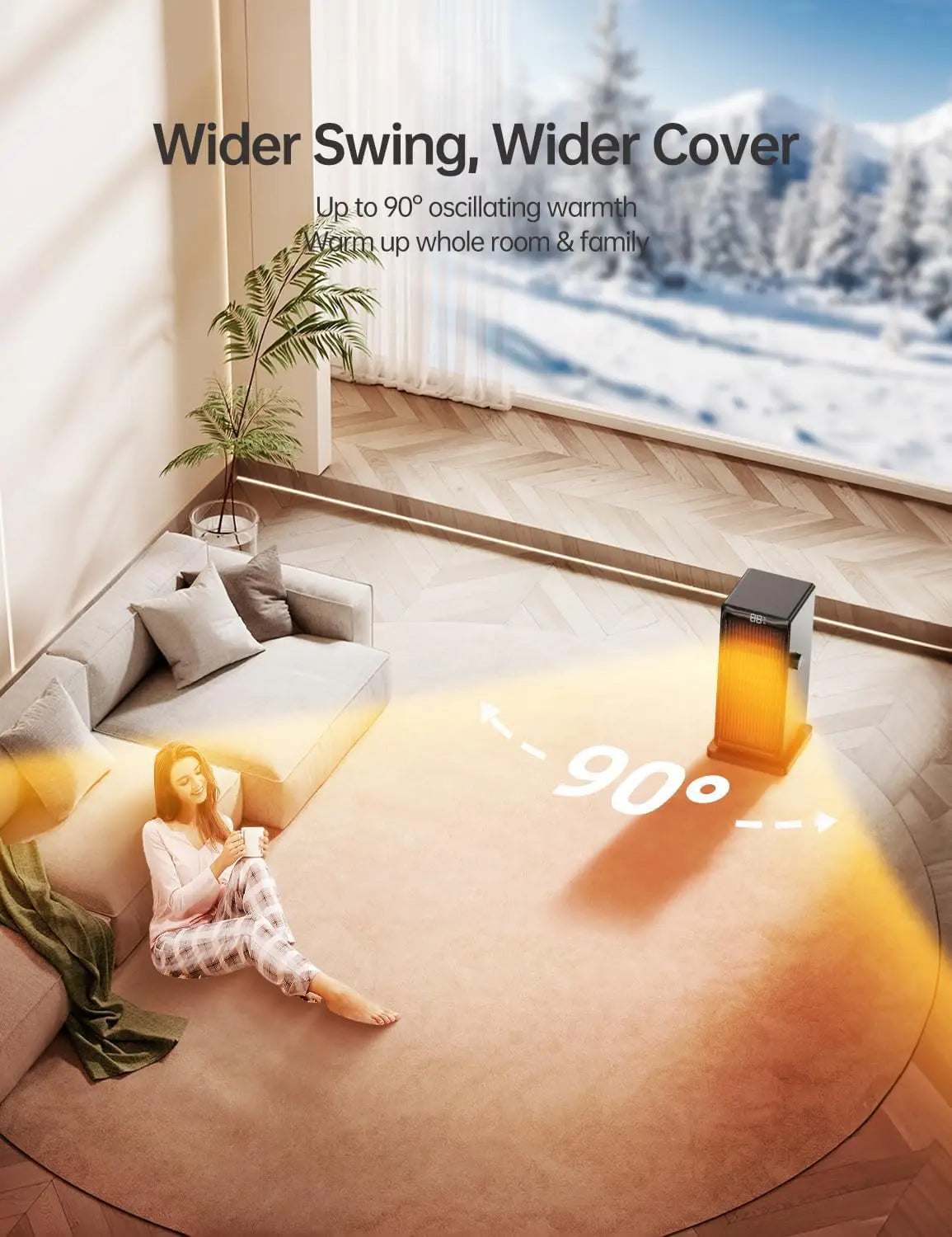 1500W Space Heater, ECO Thermostat, 90° Oscillating, 24H Timer, Remote Control, Fast Heating for Bedroom & Home Office