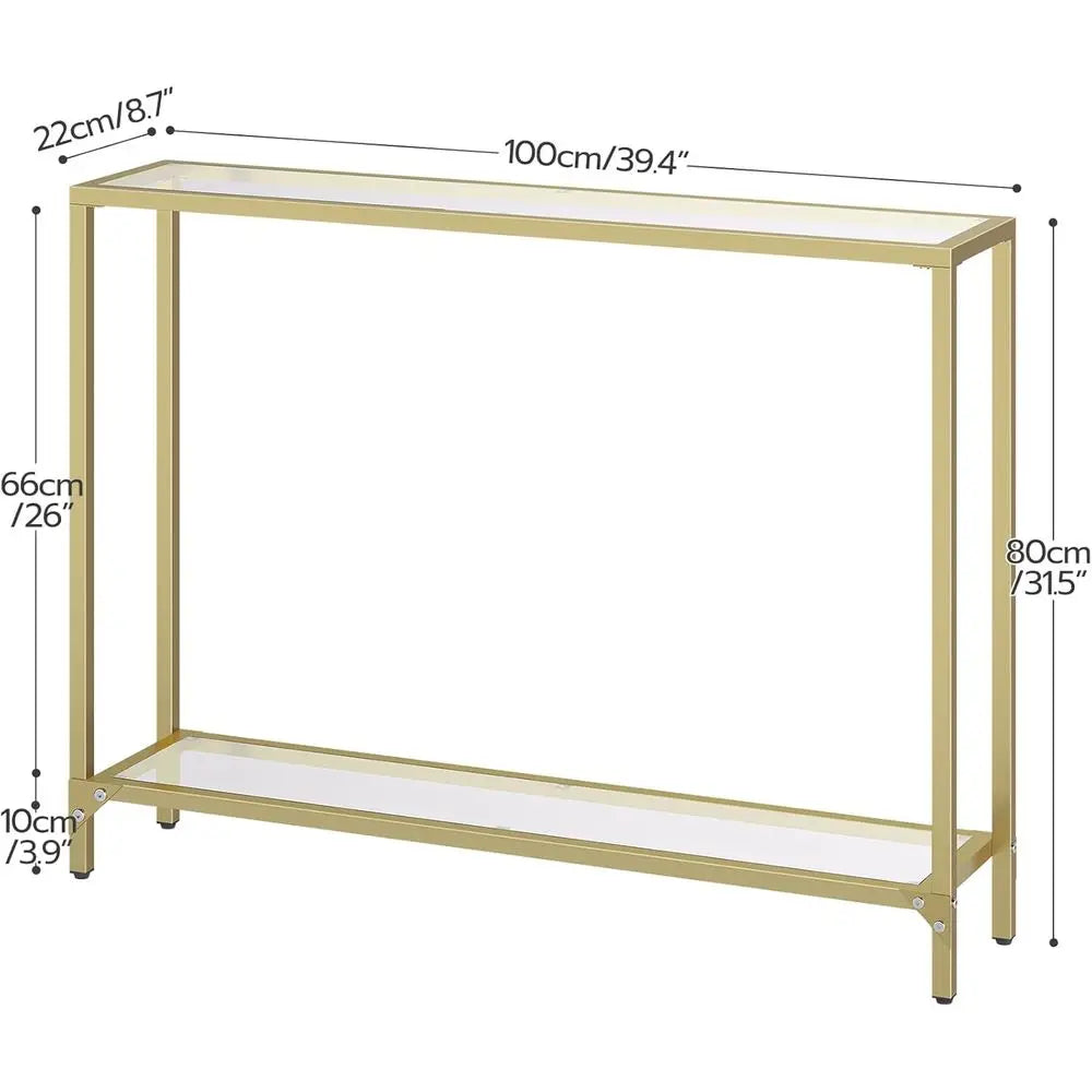 Gold Metal Frame Entryway Table with Tempered Glass, Slim Sofa Table for Living Room and Hallway, GD04XG01
