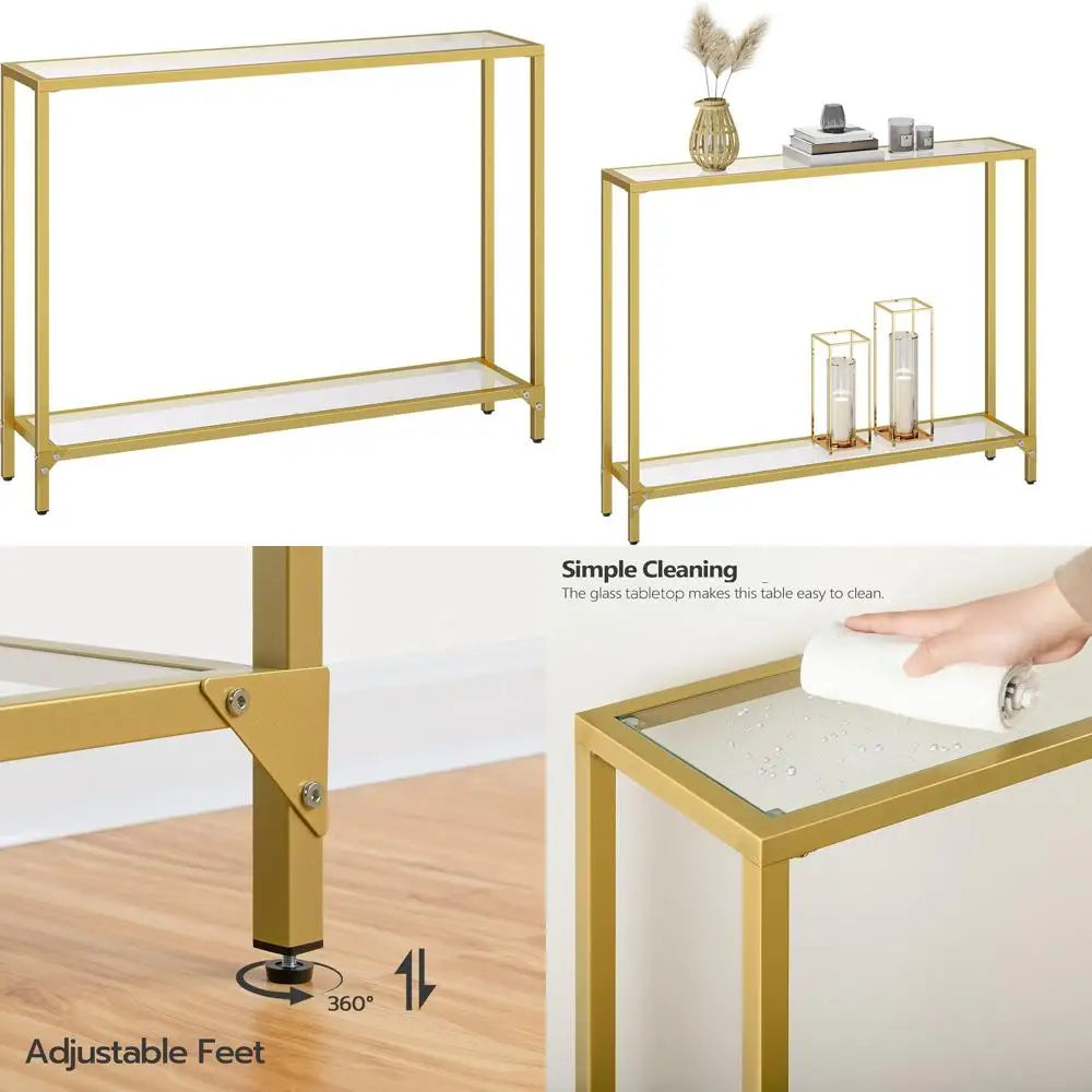 Gold Metal Frame Entryway Table with Tempered Glass, Slim Sofa Table for Living Room and Hallway, GD04XG01