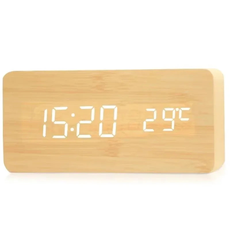 Luminous Wooden Clock Digital Alarm LED Display Electronic Rectangle Desk Table Clocks Temperature Timer Multi Function Eco