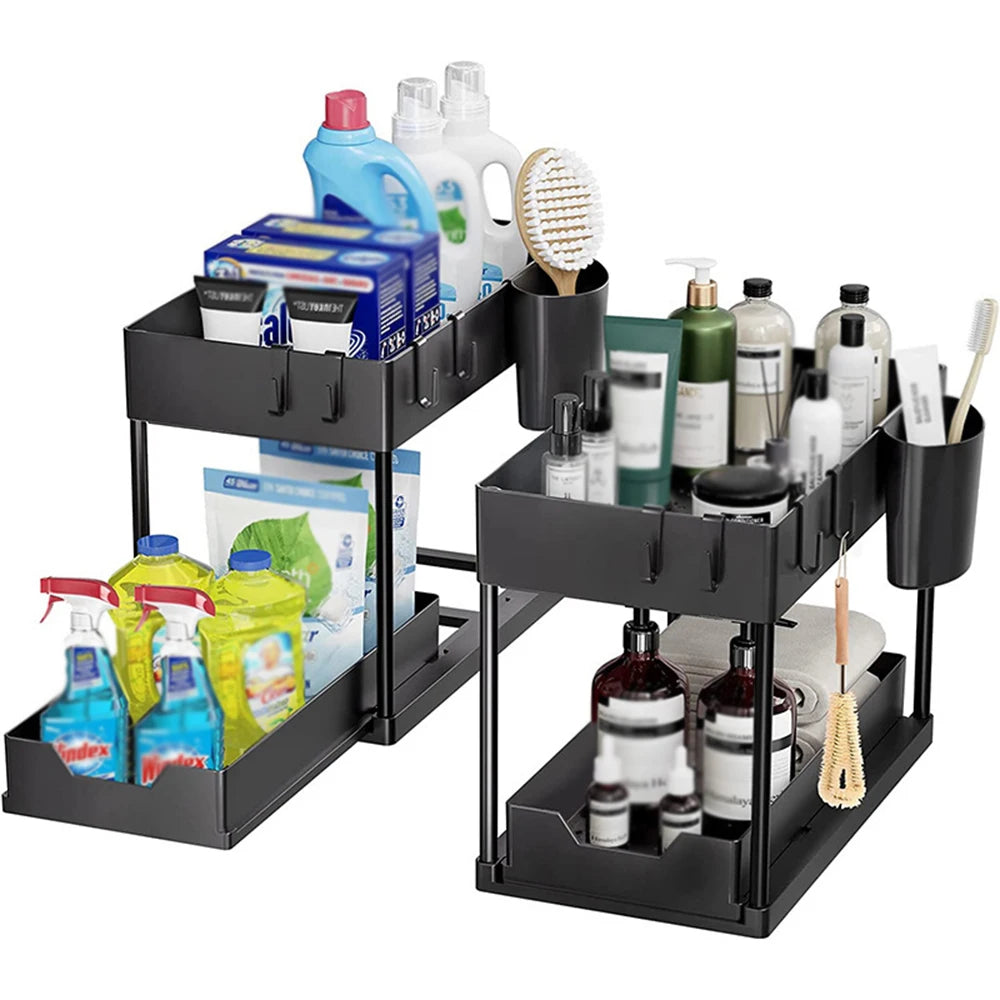 Under Sink Pull-Out Organizer, Adjustable Sliding Shelf for Kitchen Cabinet, Waterproof Metal Storage Rack