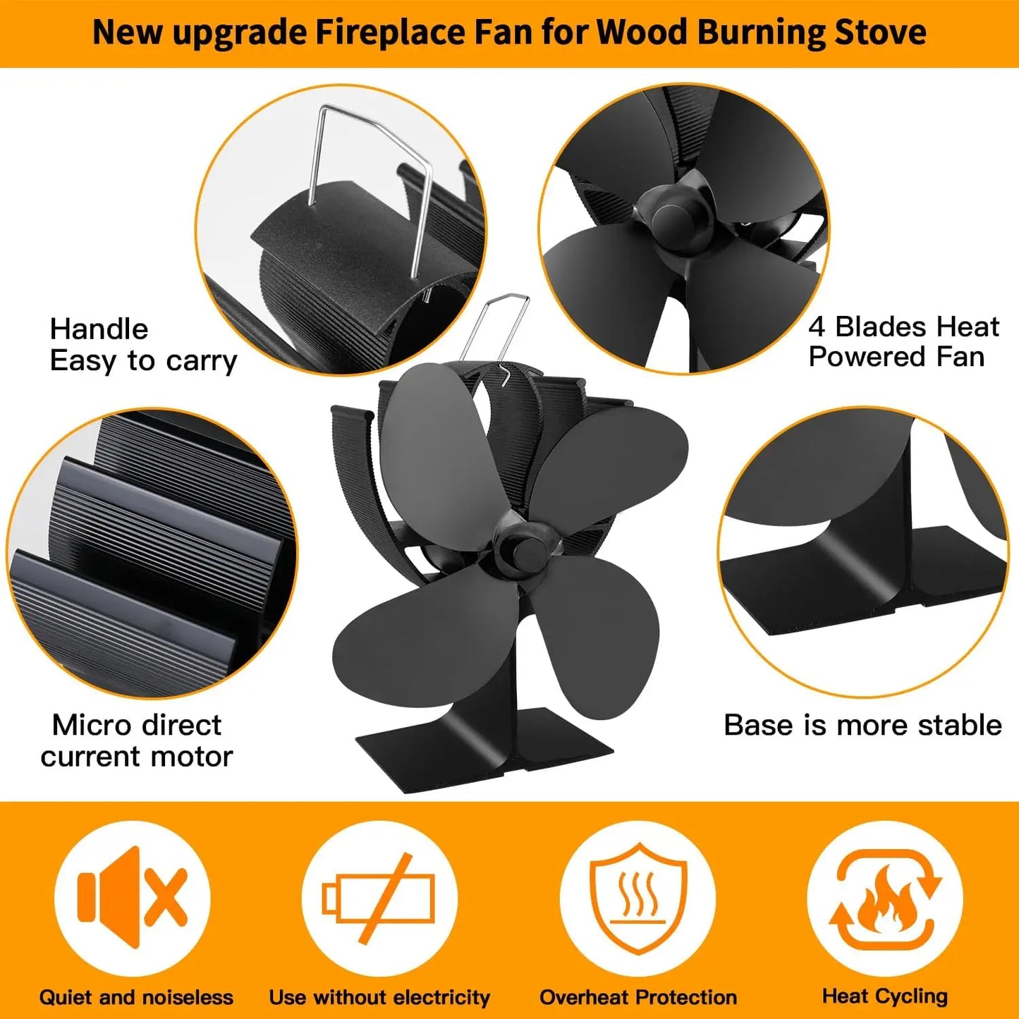 4 Blade Heat Powered Wood Stove Fan for Fireplace, Eco Friendly Home Heating