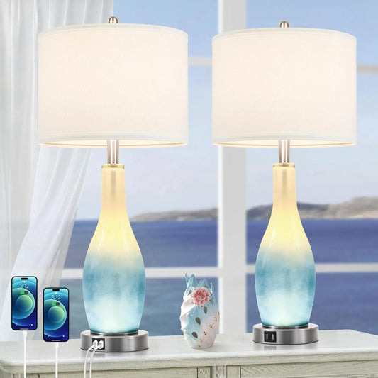 Set of 2 Blue Coastal Glass Table Lamps with USB Charging Ports and LED Nightlight, Modern for Living Room or Bedroom