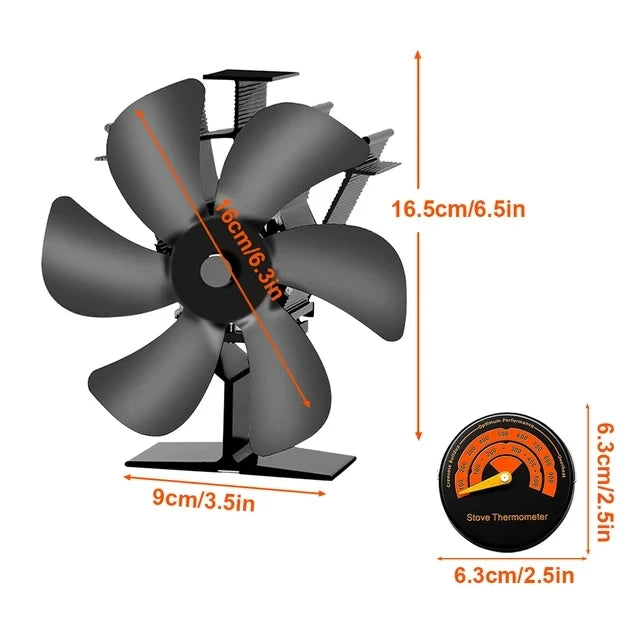 Heat Powered Stove Fan Eco Quiet Black 6 Blades Log Wood Burner Fireplace Fan Efficient Heat Distribution Winter Warmer Home